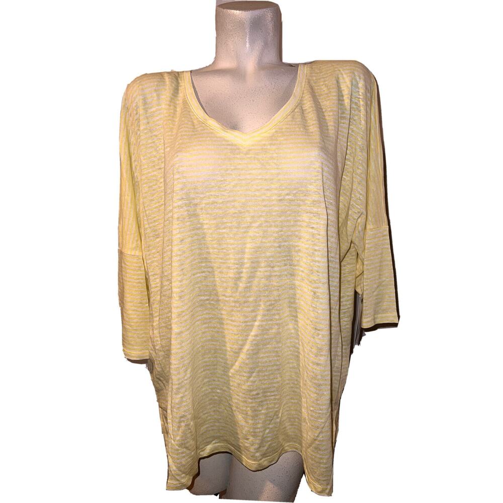 New CHICO'S Top Size XL (3) Yellow Striped‎ Linen 3/4 Sleeve V-neck Shirt Tunic